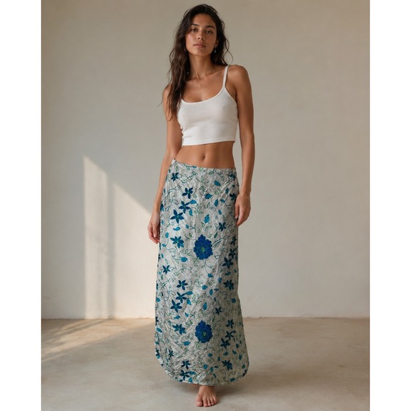 Christopher & Banks Dresses & Skirts - Vintage Womens Blue Green Floral 100% Silk Wrap Maxi Skirt Costal Boho S